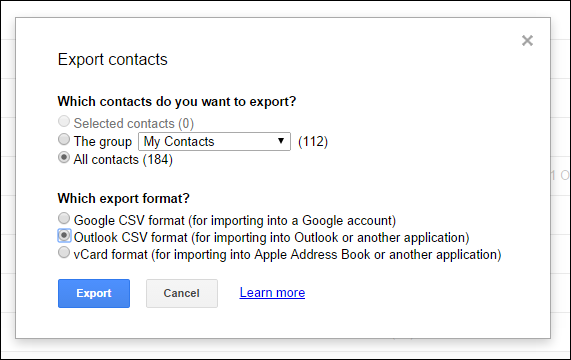 How to import contact from gmail to outlook step 3